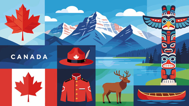 A vibrant illustration showcasing various iconic Canadian symbols including maple leaves, mountains, a totem pole, RCMP uniform, wildlife, and a canoe.