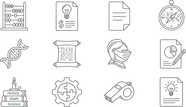 Education and History Icon Set Including Science Research DNA Helix Mathematics Abacus And Ancient Medieval Knight Helmet