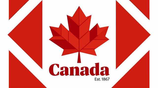 A stylized Canadian flag design featuring a prominent red maple leaf, the word 'Canada', and 'Est. 1867' on a white background with geometric red side panels.