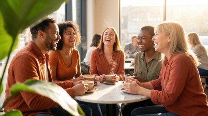 Obraz premium Diverse group of multi-ethnic friends laughing and drinking coffee together in a bright cafe. Social connection, friendship and community lifestyle in a modern coffee shop.