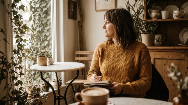 Mindfulness and slow living concept, woman journaling in a cozy cafe by the window. Mental health, reflection and self-care through writing and meditation.