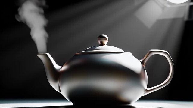 Steaming Kettle.
Description A metallic teapot with steam rising from its spout, illuminated by spotlights