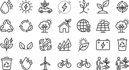 Fototapeta premium Eco Friendly and Sustainable Energy Icon Set Featuring Renewable Resources Solar Power Recycling Global Warming Awareness and Green Technology Symbols for Environmental Conservation and Professional