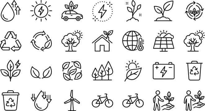 Eco Friendly and Sustainable Energy Icon Set Featuring Renewable Resources Solar Power Recycling Global Warming Awareness and Green Technology Symbols for Environmental Conservation and Professional