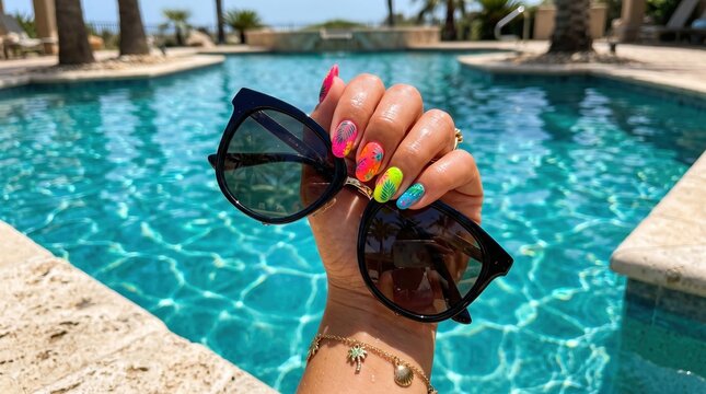 Vibrant hand with colorful nails holding stylish sunglasses over a bright blue swimming pool