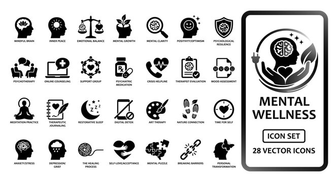 Mental wellness and psychology solid icon set containing icons for therapy, meditation, brain health, emotional balance, counseling, and psychiatric care for healthcare apps.