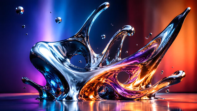Abstract Liquid Metal Splash Crown Sculpture Capturing Reflected Light in Vibrant Colors