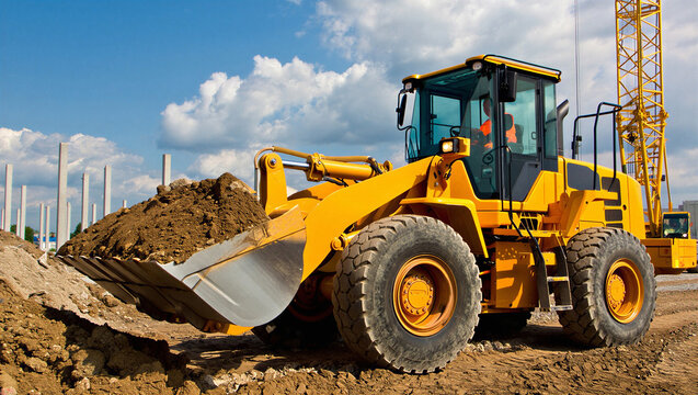 Front loader bulldozer moving dirt at a construction site with blue sky