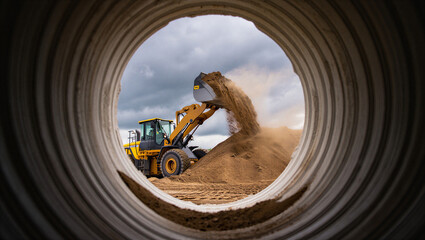 Loader machine excavating soil through a large corrugated pipe © Sabbir Digital