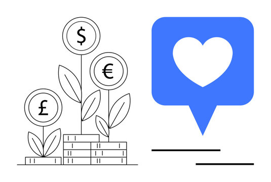 Financial growth, social media marketing, global economy, sustainability, monetary investments, user engagement. Plants with currency signs on stacks of coins, blue heart in speech bubble. Financial