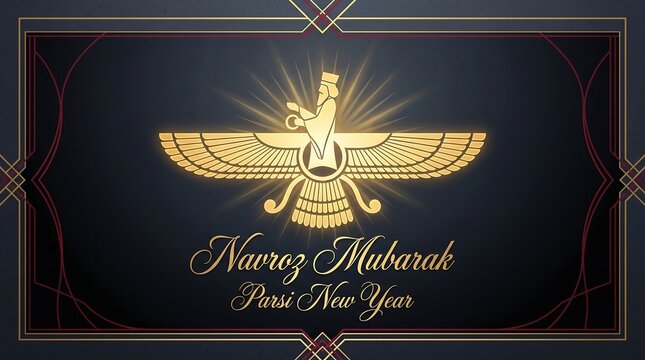 Navroz Mubarak Parsi New Year celebration with golden Faravahar symbol and elegant frame.