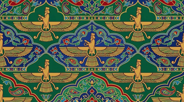 Intricate Persian Zoroastrian Faravahar Symbol Pattern on Green Background.
