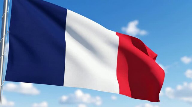 French flag waving in blue sky.