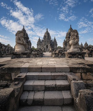 Ancient Indonesian Temple with Guardian Statues in Java