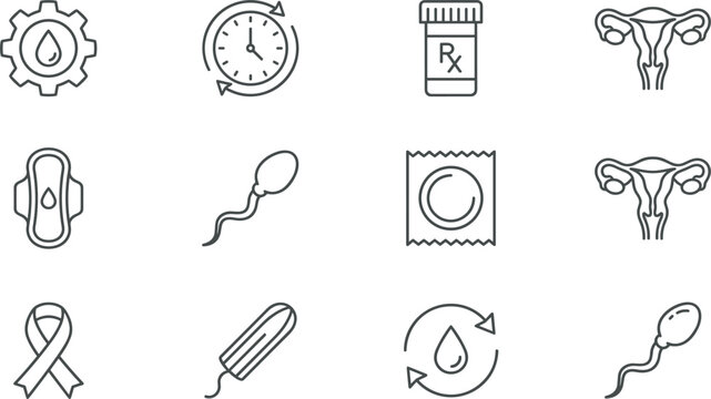 Sexual and Reproductive Health Care Icons Set Including Contraception Pregnancy Prevention and Female Hygiene Products