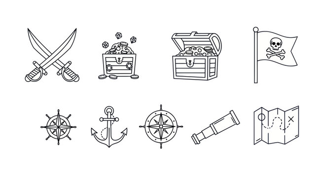 Pirate Icons: Treasure Chest, Swords, Map, Compass, Anchor, Spyglass, Skull Flag