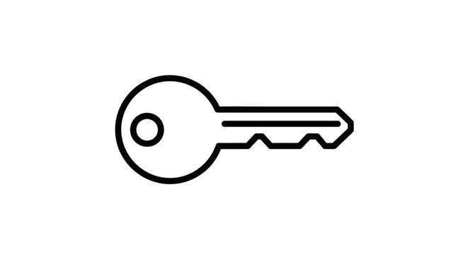 A simple black line drawing of a key on a white background with clean lines and minimal details.