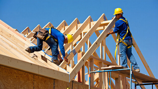 Two construction workers building wooden roof frame with safety gear against blue sky
