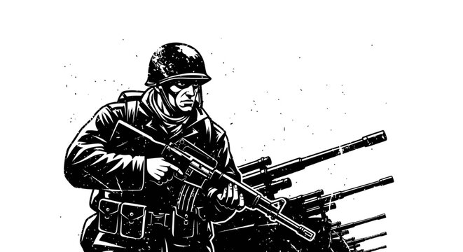 Black and white ink illustration of a determined soldier holding a rifle.