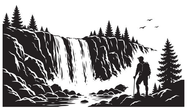 Waterfall exploration silhouette, waterfall hiking, adventure scene, vector isolated on white