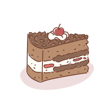 Pieces of chocolate cake with cherry vector, blackforest cake doodle