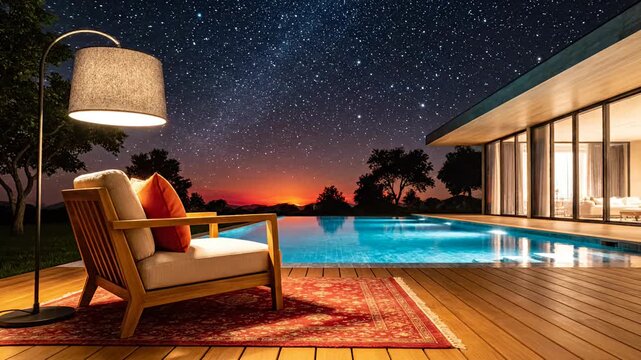 Evening scene of outdoor leisure with pool and illuminated furniture