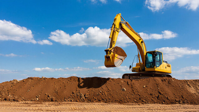 Yellow excavator digging a pile of dirt against a blue sky with clouds
