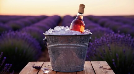 Obraz premium Bottle of rose wine chills in ice bucket amid purple lavender field at sunset. Summer evening drinks on wooden table with floral sprigs and ice cubes.