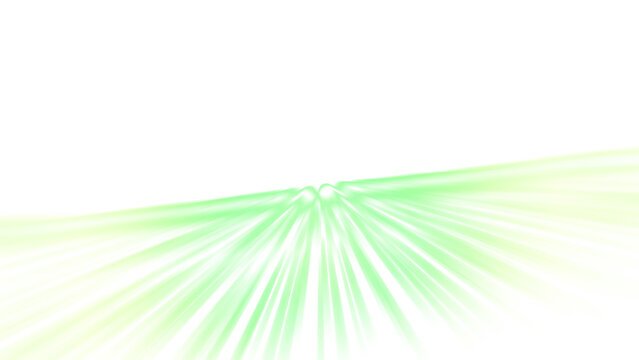 Green perspective light rays radiating from horizon on black abstract speed background