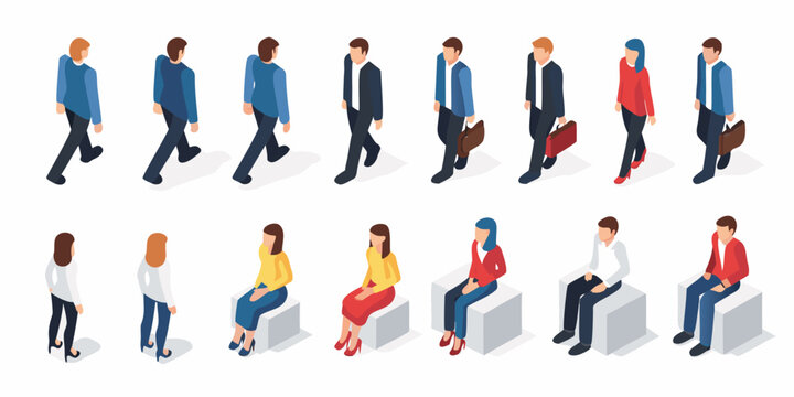Isometric business people collection walking and sitting diverse professionals on white background high quality professional