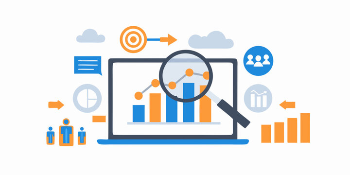 Data analysis concept with laptop screen displaying charts and a magnifying glass icon high quality