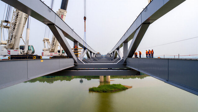 Workers on bridge structure over water with cranes and reflection