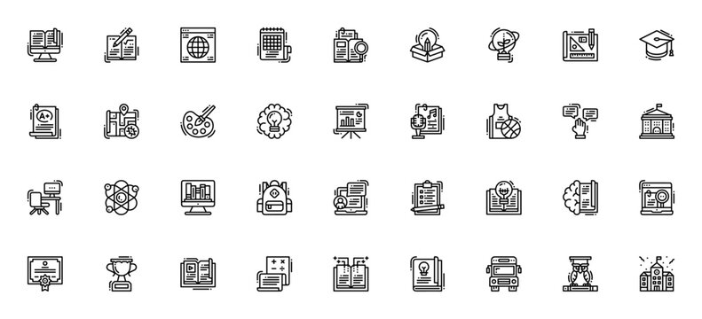 Education icon set. Minimal vector icons pack. Includes symbols for computer, book, browser, graduation hat, exam, knowledge, and more. Editable stroke.