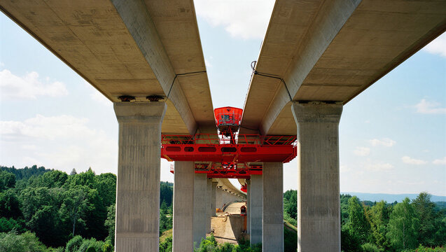 Massive concrete bridge under construction with industrial red crane equipment