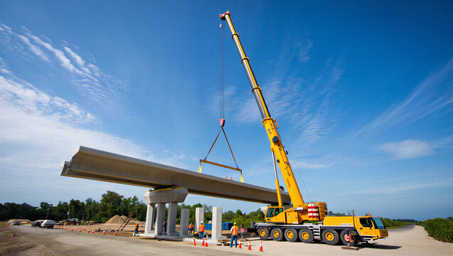 Heavy crane lifting concrete beam for highway bridge construction, workers nearby