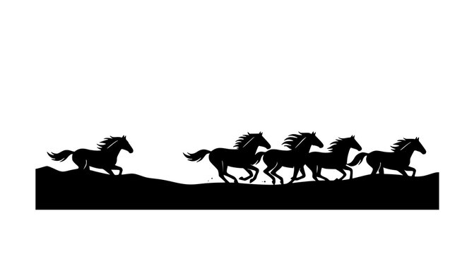 Horses galloping at sunset silhouette vector illustration with running wild animals landscape