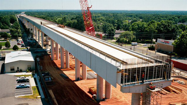 Aerial view of a long highway bridge under construction with cranes and workers.