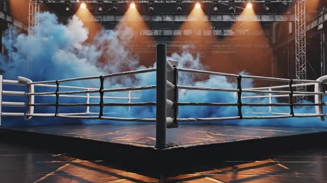 Empty boxing ring with blue smoke perfect for vlog intros and personal care commercials