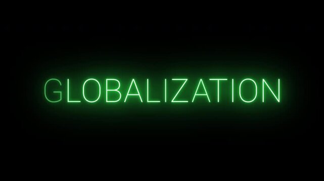Flickering neon green glowing globalization sign animated black background.
