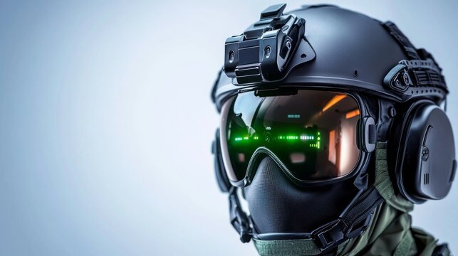 High-Tech Soldier Equipment with Advanced Helmet and Visor System for Tactical Operations in Modern Warfare Environments