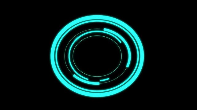 Abstract hud interface element with glowing neon blue circular rings rotating in seamless motion loop on black background for digital sci fi technology display graphic elements and data loading animat