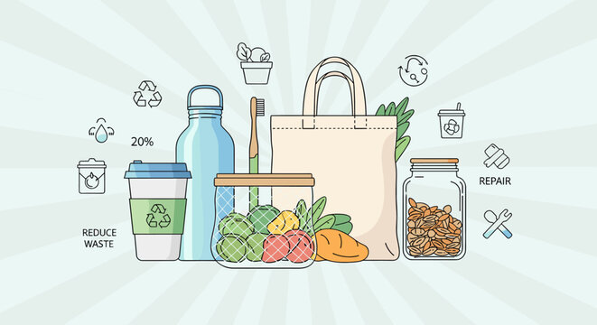 A collection of reusable items for a sustainable lifestyle, including a water bottle, coffee cup, food containers, and a tote bag, surrounded by eco-friendly icons.