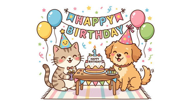 Cat and dog wearing party hats.