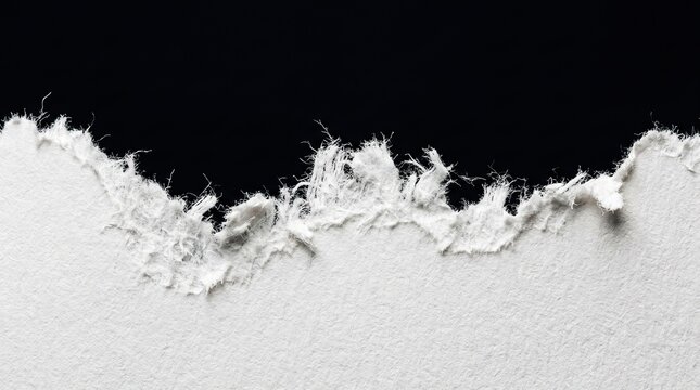 Torn paper edge with white fibers isolated on black background