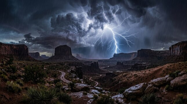 Dramatic desert thunderstorm with lightning over canyon landscape extreme weather scene