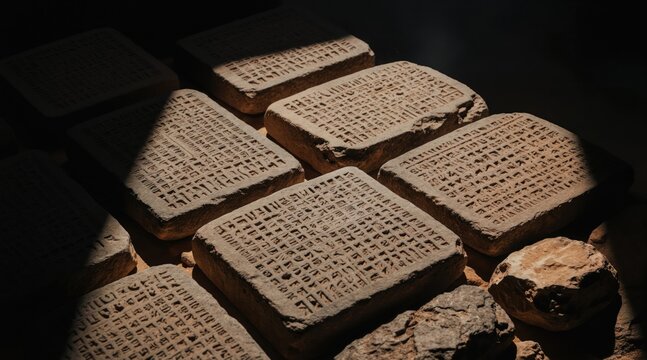 Ancient stone tablets with cuneiform writing displayed in museum lighting. These historical artifacts show early human script and language records from Mesopotamia.