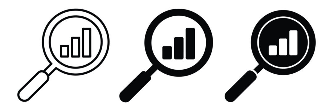 Magnifying glasses with bar charts for data analysis and research analytic business concept with magnifier chart bar icon vector design black and white simple illustration set for reporting.