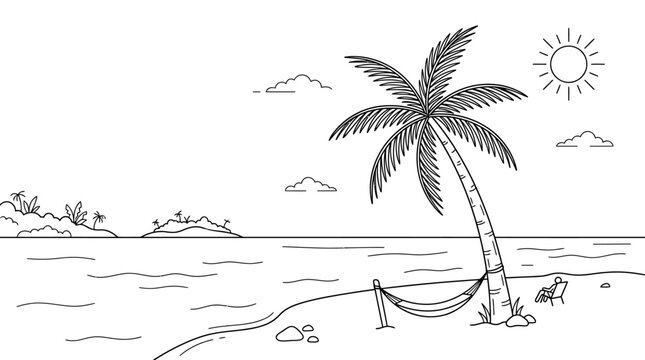 Palm tree on sandy beach shore.