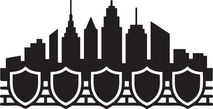 Modern city skyline silhouette protected by row of security shields representing urban defense and safe smart city infrastructure concept.