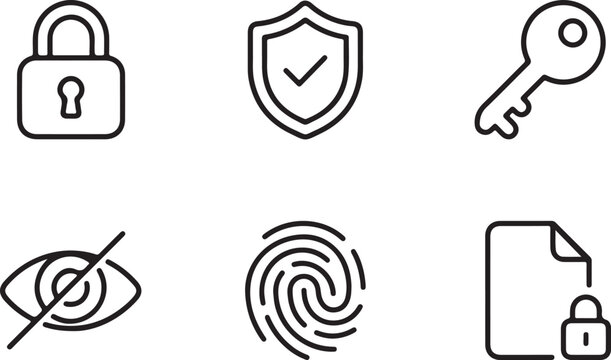 Set of six black outline security including a padlock, shield with checkmark, key, crossed-out eye, fingerprint, and locked document